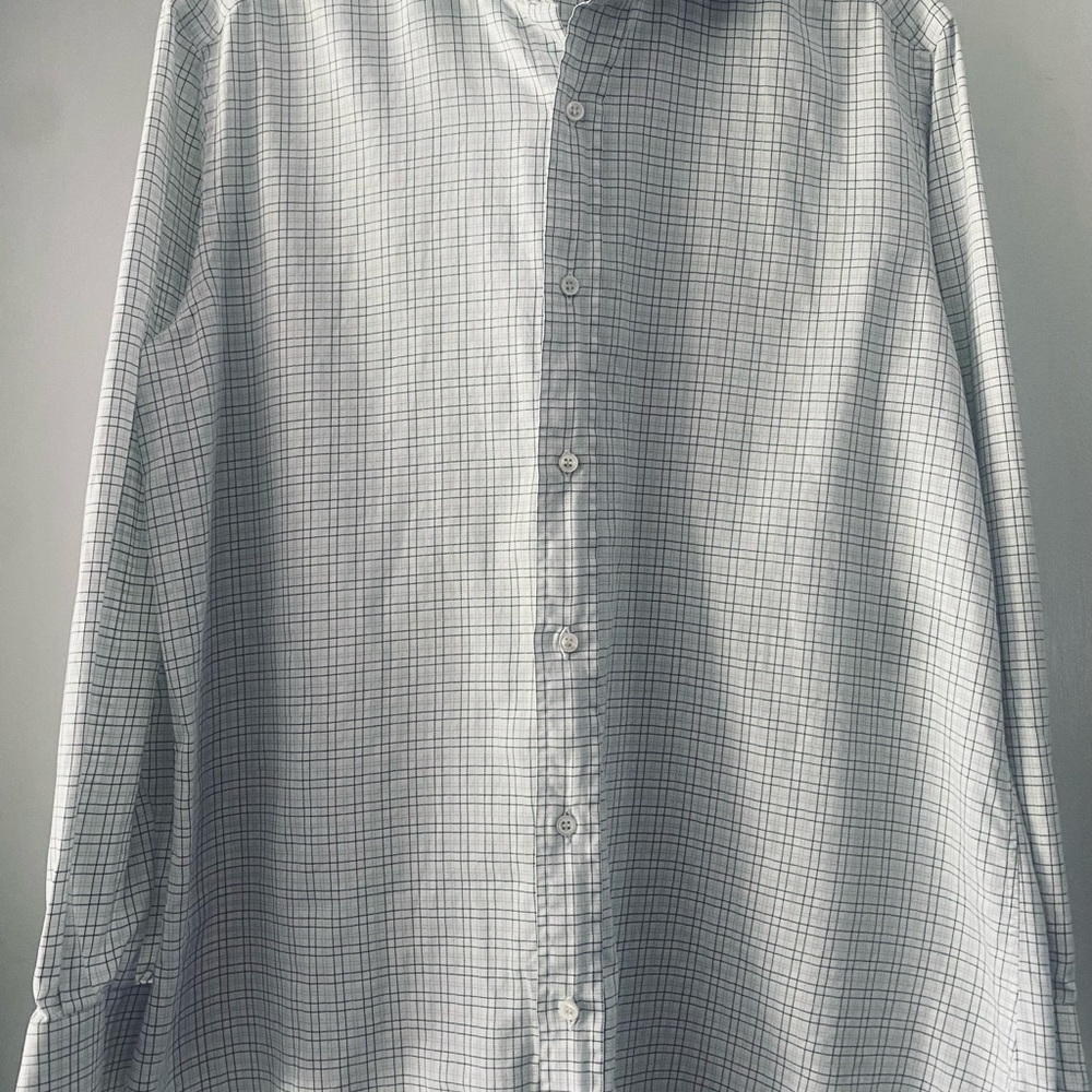 Brioni White Shirt with Light Blue &  Black Check Grid Made In Italy